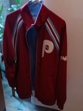 Mitchell & Ness Red Phillies-Style Bomber Jacket with Blue & Cream Stripes